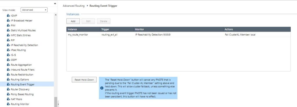 Check Point Gaia Web UI Showing route event triggers