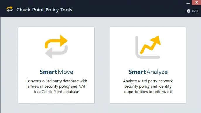 A screen showing Check Point's Smartmove feature to converts a 3rd party database with a firewall security policy and NAT to a Check Point database.