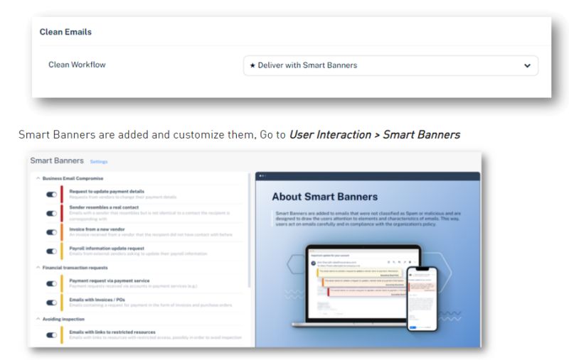 A screen showing Check Point Harmony's Smart Banners -Educational Email Banners Added Automatically via AI
