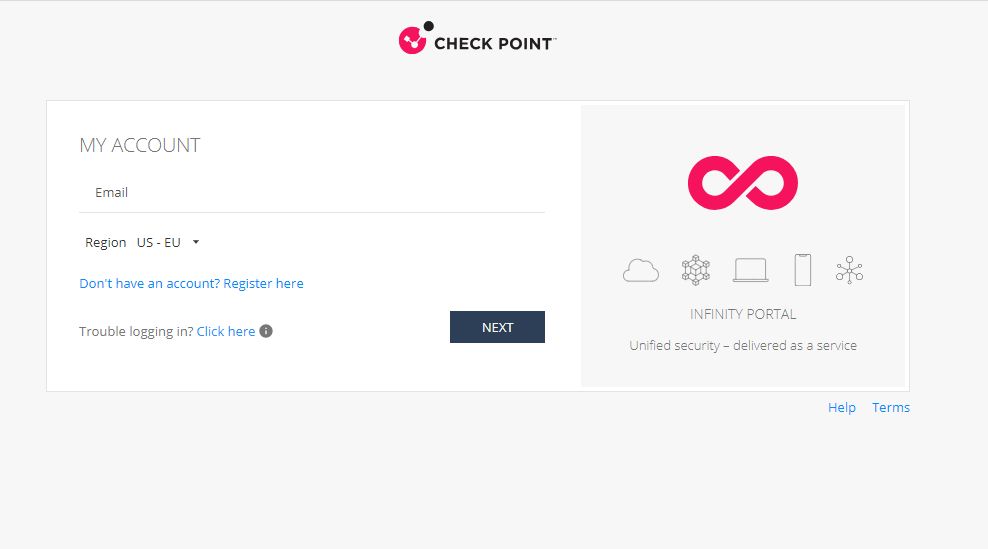 The Check Point Infinity log in screen