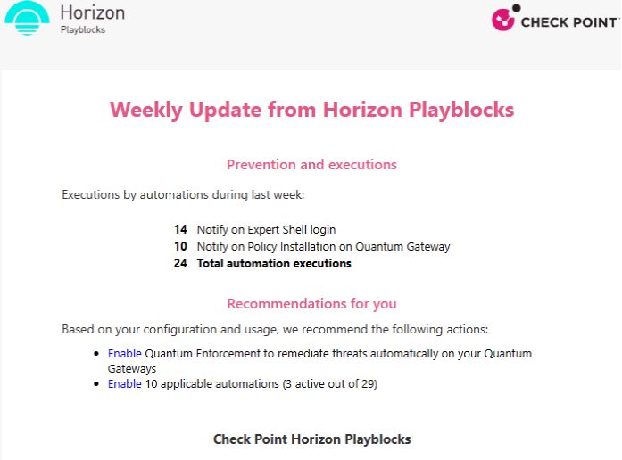 A screenshot of the Horizon Playbooks from the Check Point Infinity Portal, showing preventions and executions