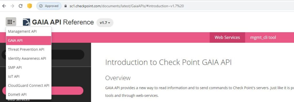 Screen showing an introduction to Check Point GAIA API