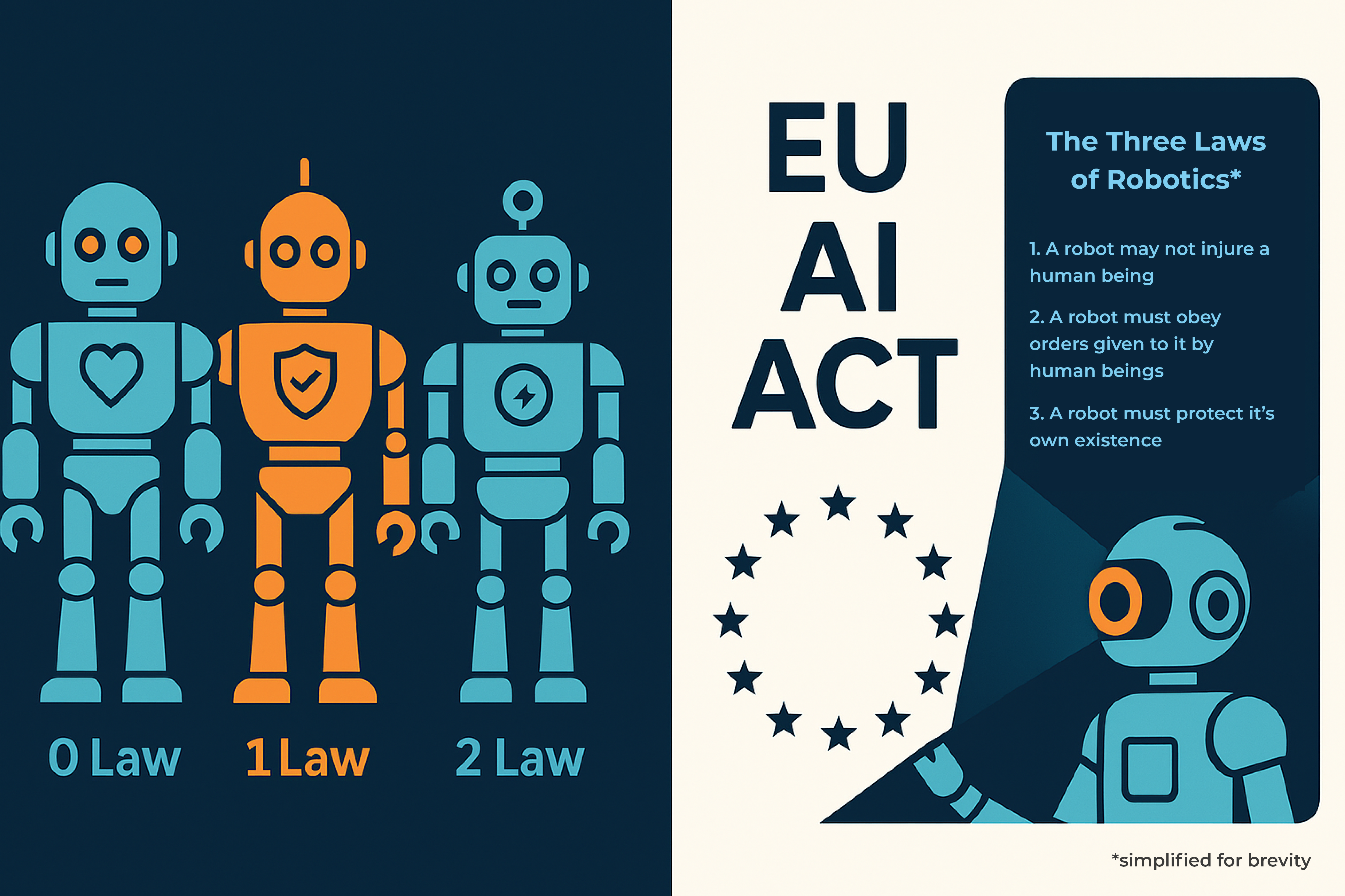 EU AI Act Three Laws of Robotics graphic. On the left there are three robots representing 0 Law and 2 Law in blue, and 1 Law highlighted in orange. On the right, there is a robot lighting up EU AI ACT in text with text above reading, 