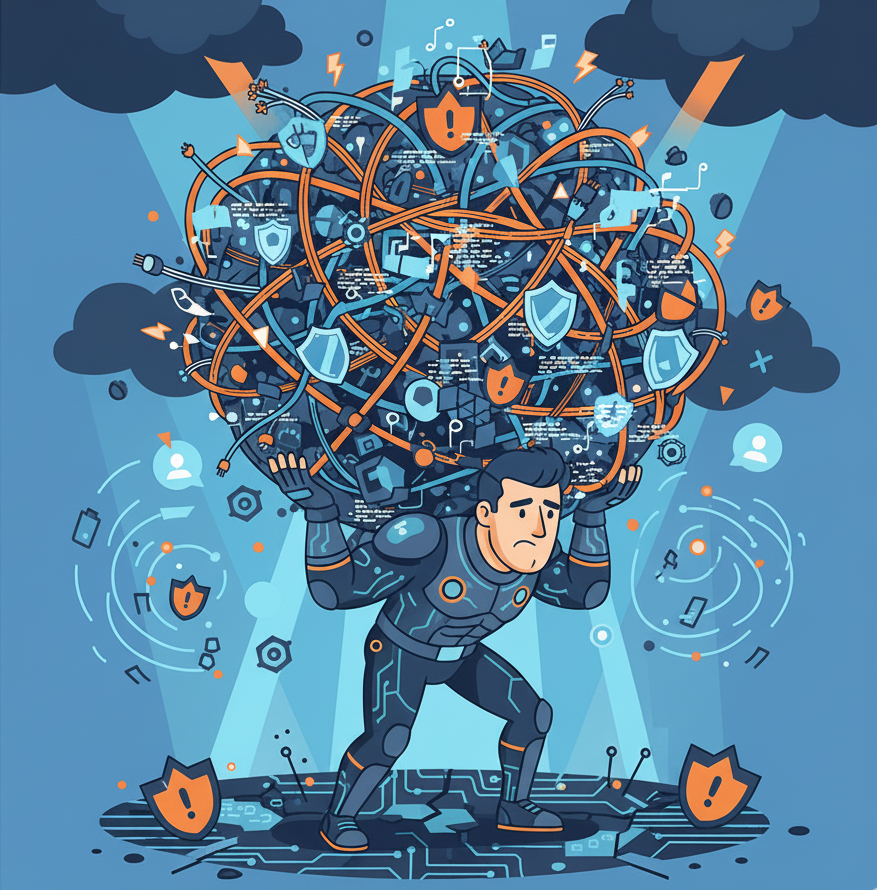A cartoon-style graphic depicts a cyber security professional as Atlas, bearing a glowing sphere of wires and code, symbolising the heavy burden of cyber risk and pressure, with a determined and hopeful tone.